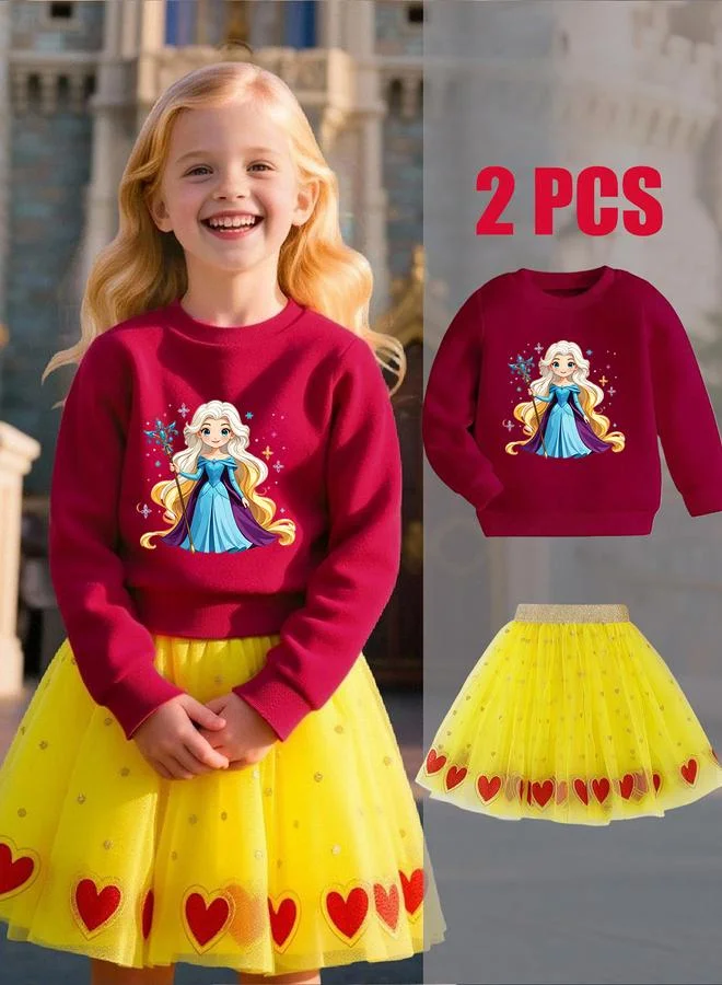 تايك تو طقم سويت شيرت بناتي بطبعة أميرة مع تنورة